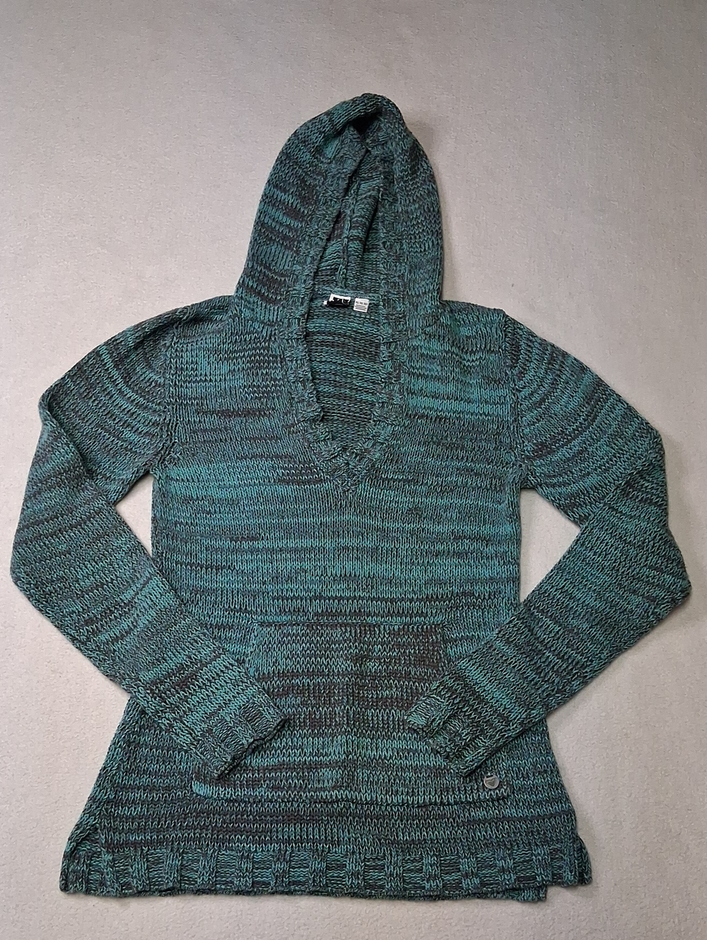 Roxy Teal Marled V-Neck Hooded Pullover Sweater